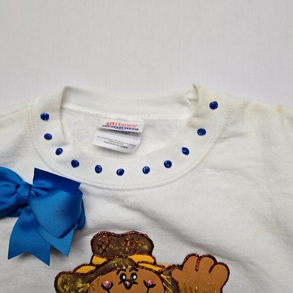 Vintage Scarecrow Sweatshirt Hanes Blue Bow White Youth M Fall Sweater 90s - Picture 6 of 13
